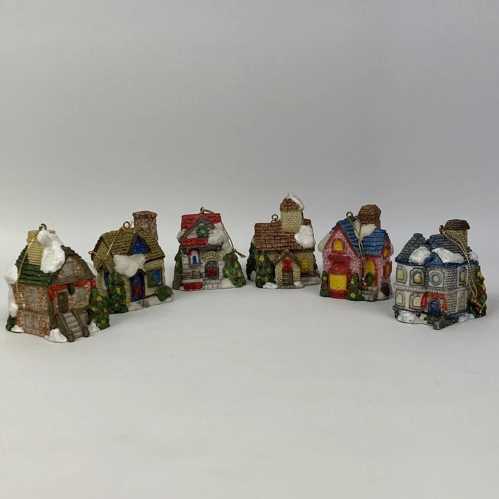 Lot Set 6 VTG Christmas Village Ornaments Mini Houses Bakery Antiques Snow Resin